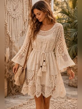 Boho Crochet Lace Tunic Dress with Tassel Tie